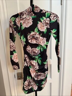 AFRM Black Floral Cutout Long-Sleeve Midi Dress with Green Leaves